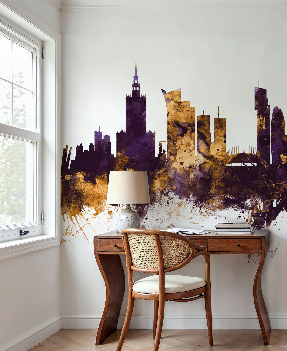 Warsaw Poland Skyline Purple & Gold Mural Wallpaper - room preview 04