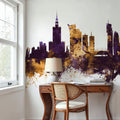 Warsaw Poland Skyline Purple & Gold Mural Wallpaper - room preview 04