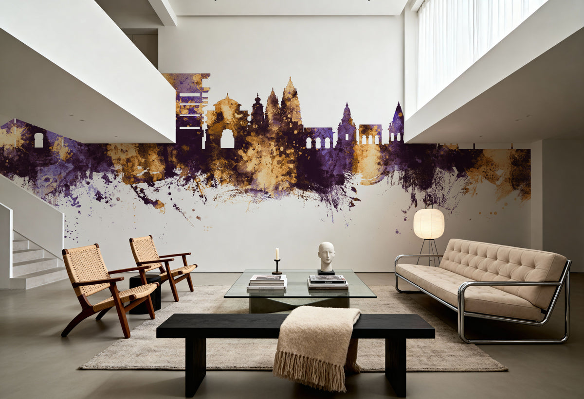 Pandharpur India Skyline Purple & Gold Mural Wallpaper - room preview 04