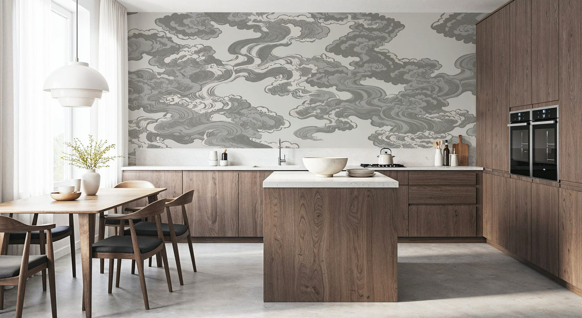 Ukiyo-e Clouds, Gray Mural Wallpaper - room preview 04
