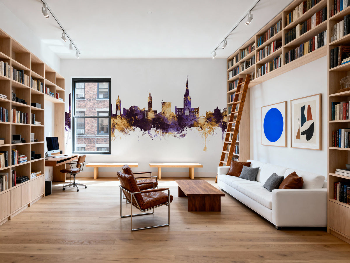 Norwich England Skyline Purple & Gold Mural Wallpaper - room preview 04