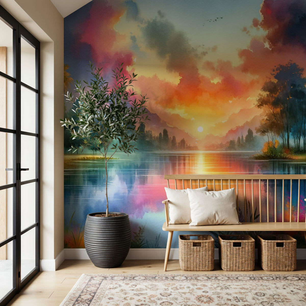 Vibrant Sunset Over Serene Lake Mural Wallpaper - room preview 04