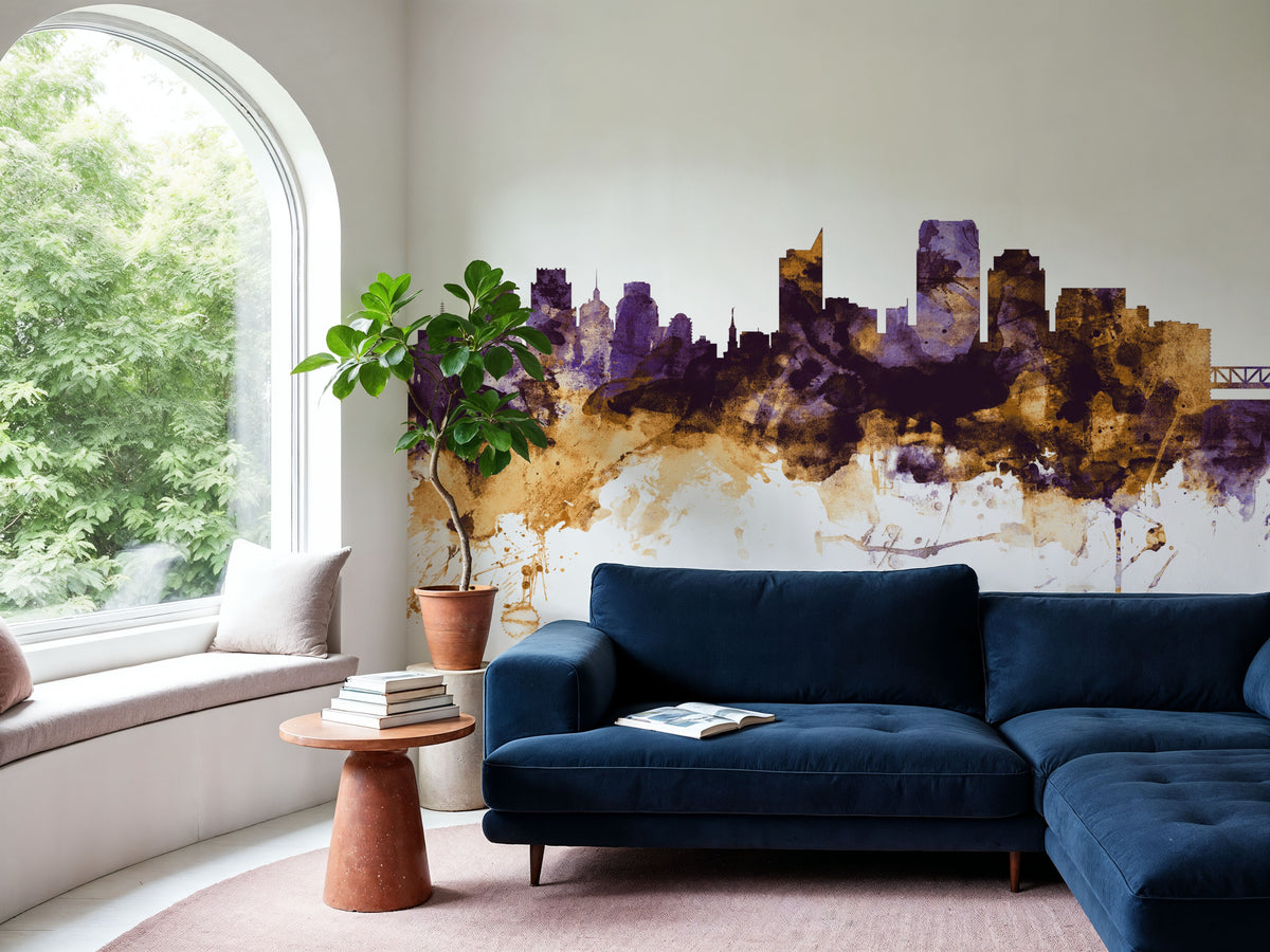 Sacramento California Skyline Purple & Gold Mural Wallpaper - room preview 04