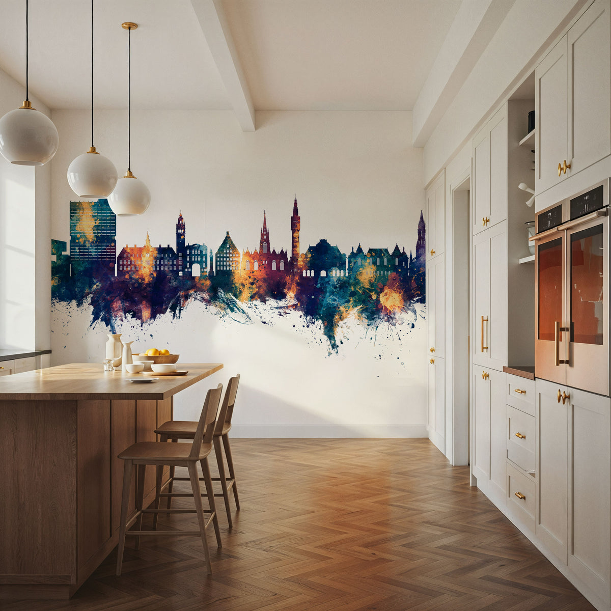 Lille France Skyline Blue & Bronze Mural Wallpaper - room preview 04