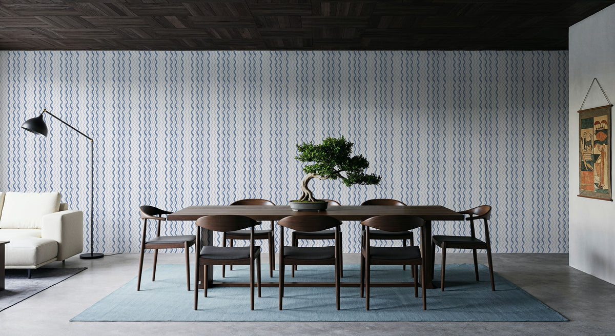 Wavy Stripes, Blue Mural Wallpaper - room preview 04