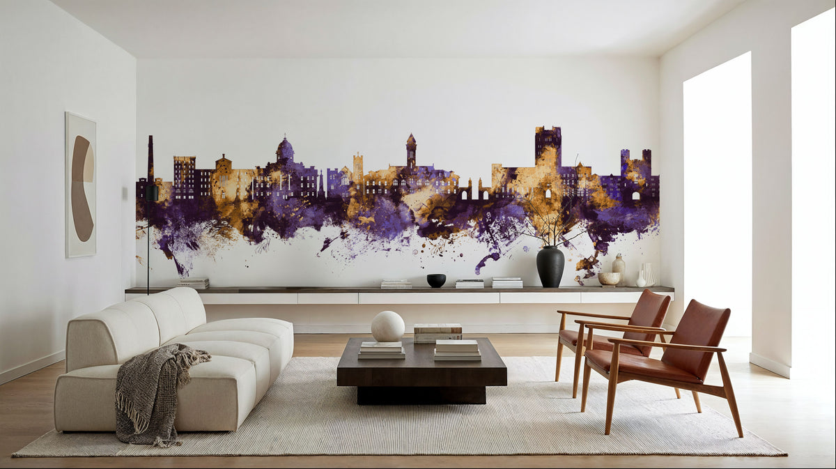 Bloomington Indiana Skyline Purple & Gold Mural Wallpaper - room preview 04