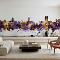 Bloomington Indiana Skyline Purple & Gold Mural Wallpaper - room preview 04