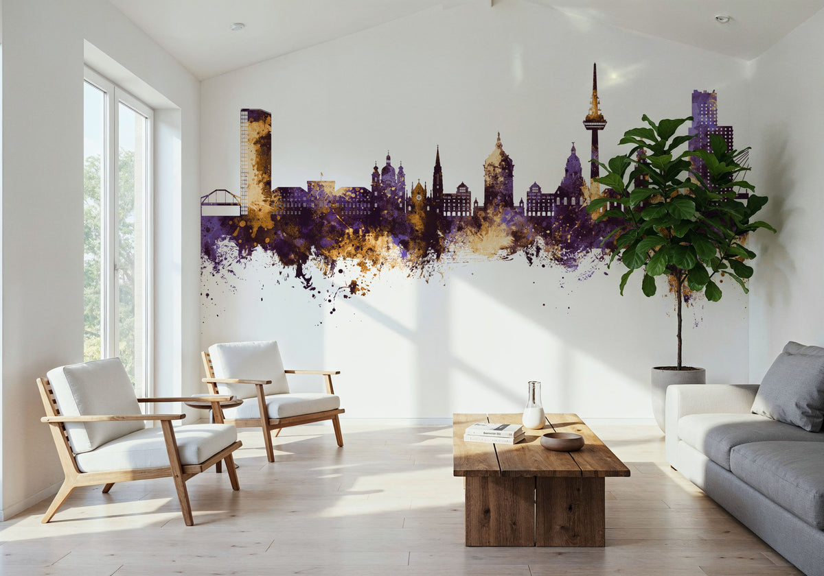 Mannheim Germany Skyline Purple & Gold Mural Wallpaper - room preview 04