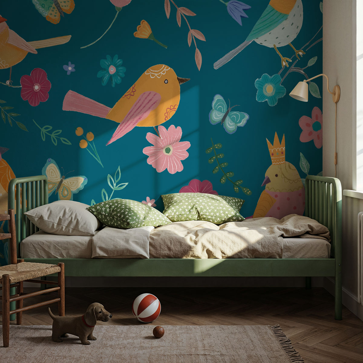 Royal Birds on Blue Mural Wallpaper - room preview 04