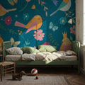 Royal Birds on Blue Mural Wallpaper - room preview 04