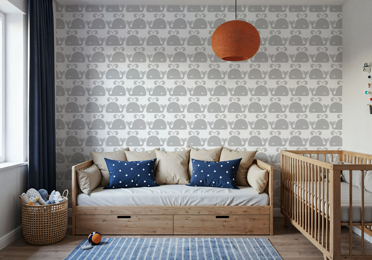 Wandering Whales, Grey Mural Wallpaper - room preview 04