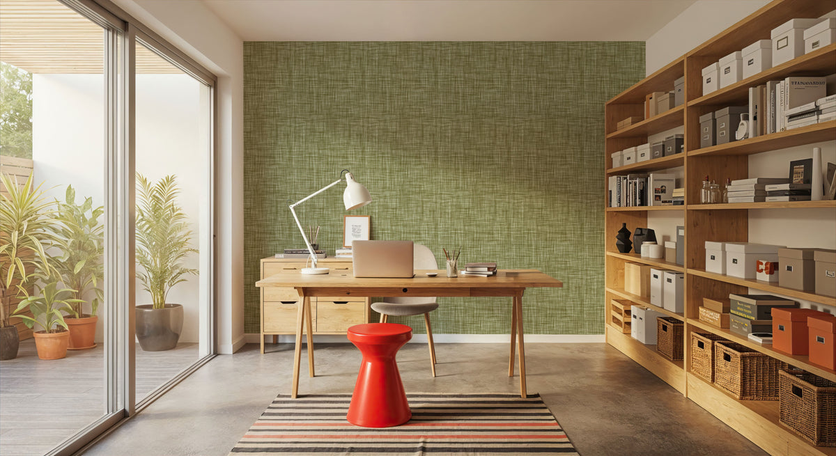 Mottled Linen Effect, Olive Green Mural Wallpaper - room preview 04
