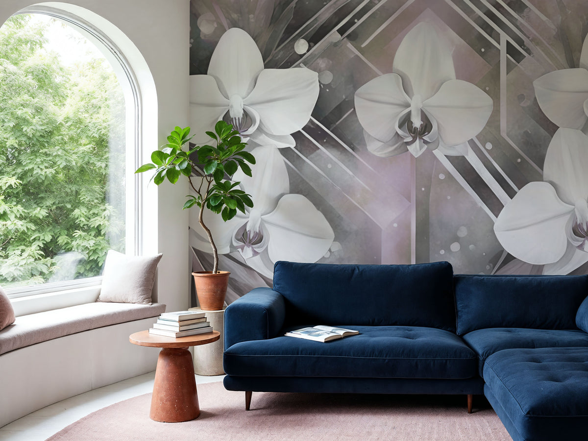 Geometry and Orchids Pink Mural Wallpaper - room preview 04