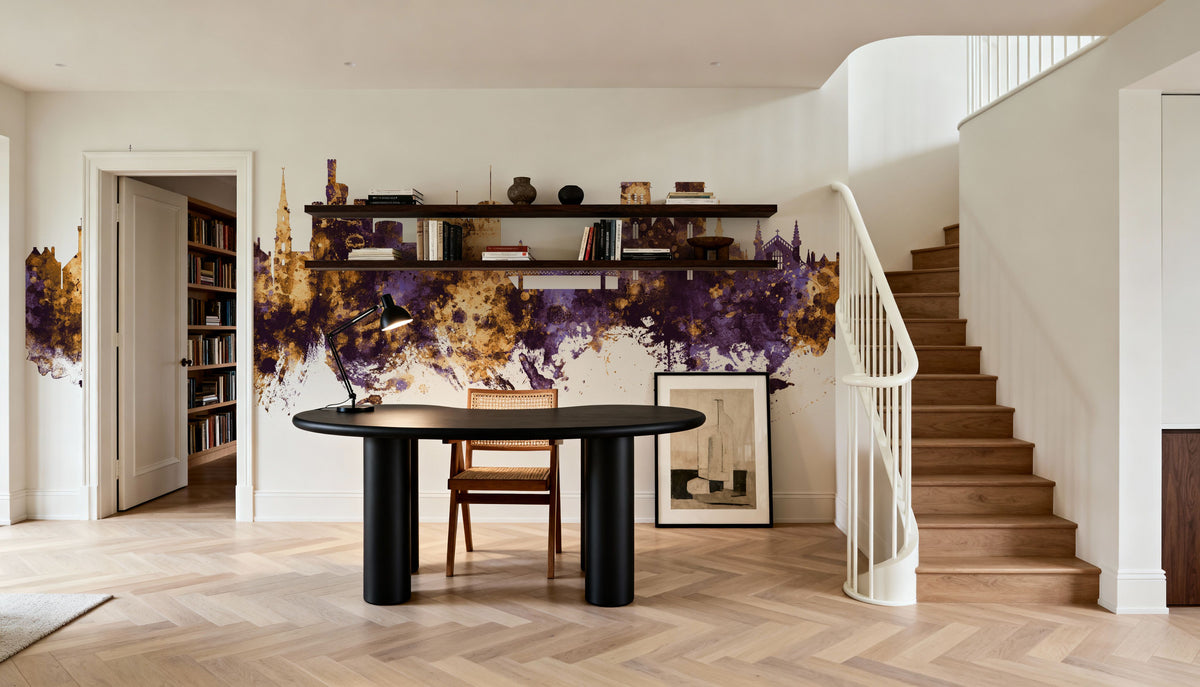 Inverness Scotland Skyline Purple & Gold Mural Wallpaper - room preview 04