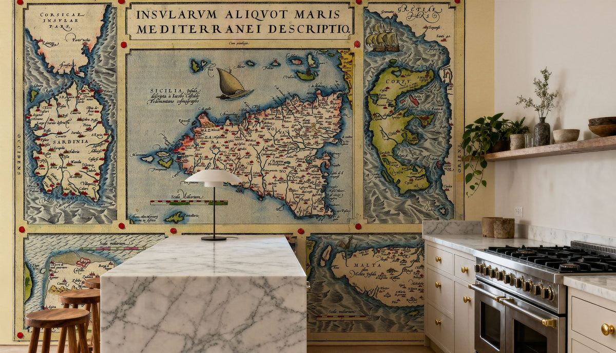 Old Map of Mediterranean Islands, 1570 Mural Wallpaper - room preview 04
