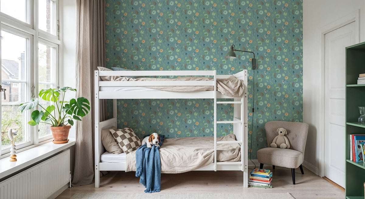 Flutterby Flowers Blue Mural Wallpaper - room preview 04