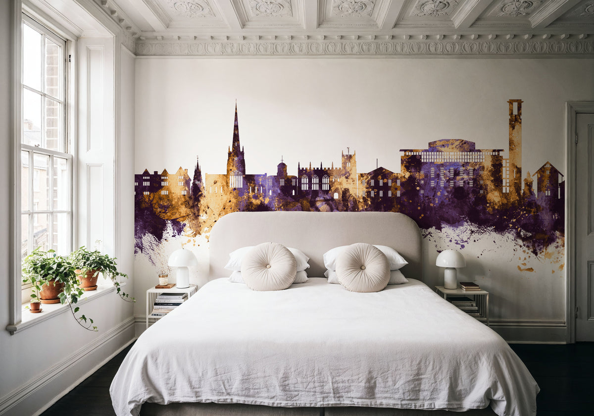 Stratford-upon-Avon England Skyline Purple & Gold Mural Wallpaper - room preview 04