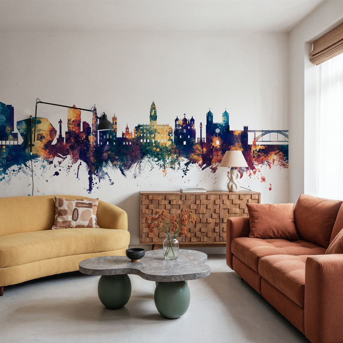 Porto Portugal Skyline Blue & Bronze Mural Wallpaper - room preview 04