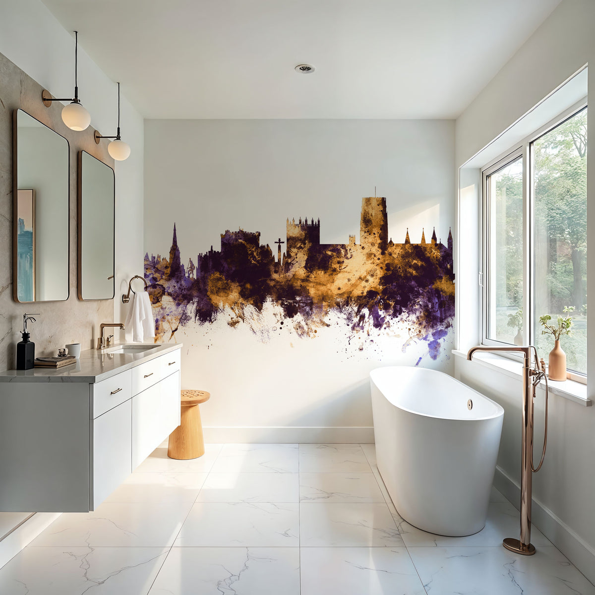 Durham England Skyline Purple & Gold Mural Wallpaper - room preview 04