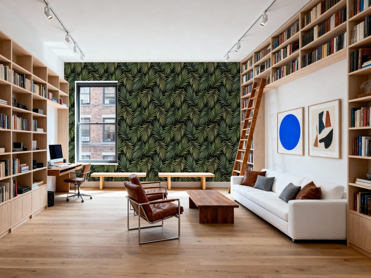 Bright Palms Pattern, Lush Green Mural Wallpaper - room preview 04