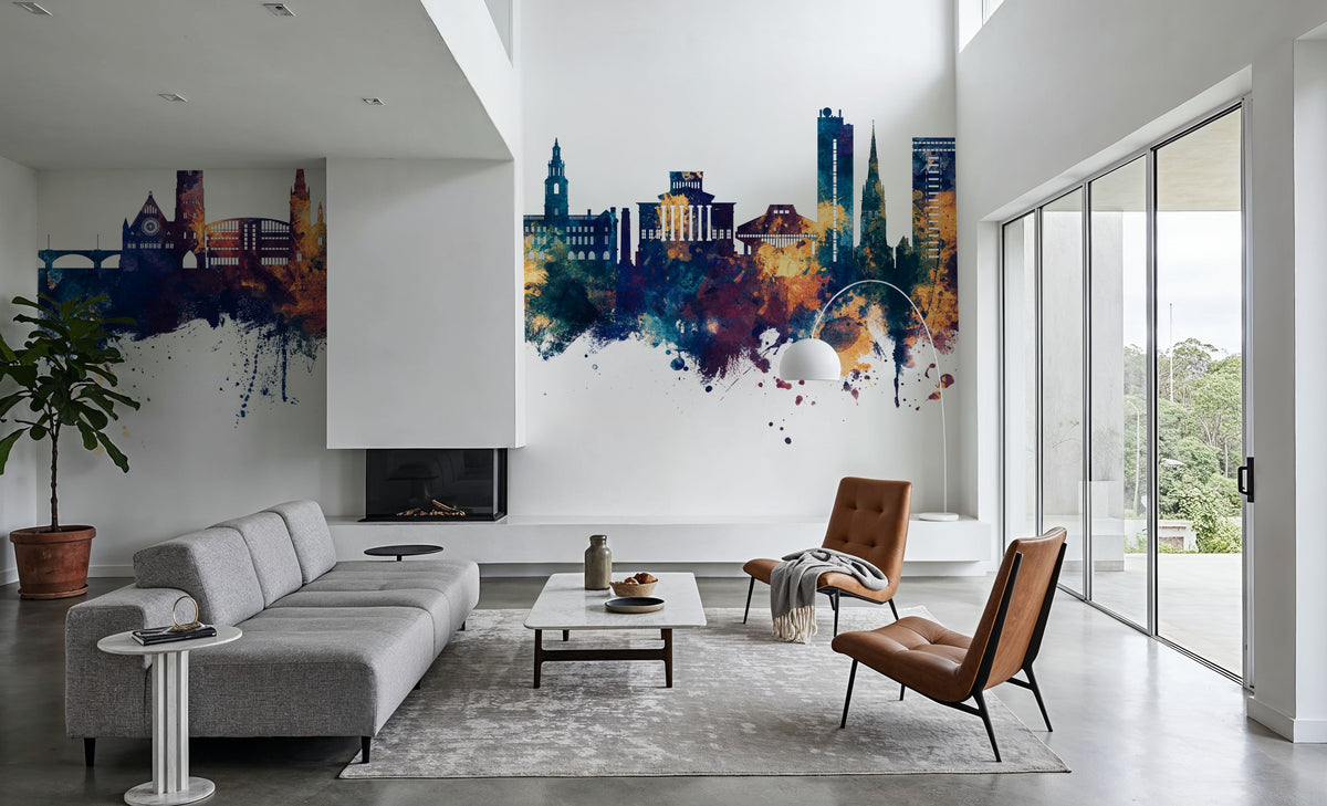 Preston England Skyline Blue & Bronze Mural Wallpaper - room preview 04