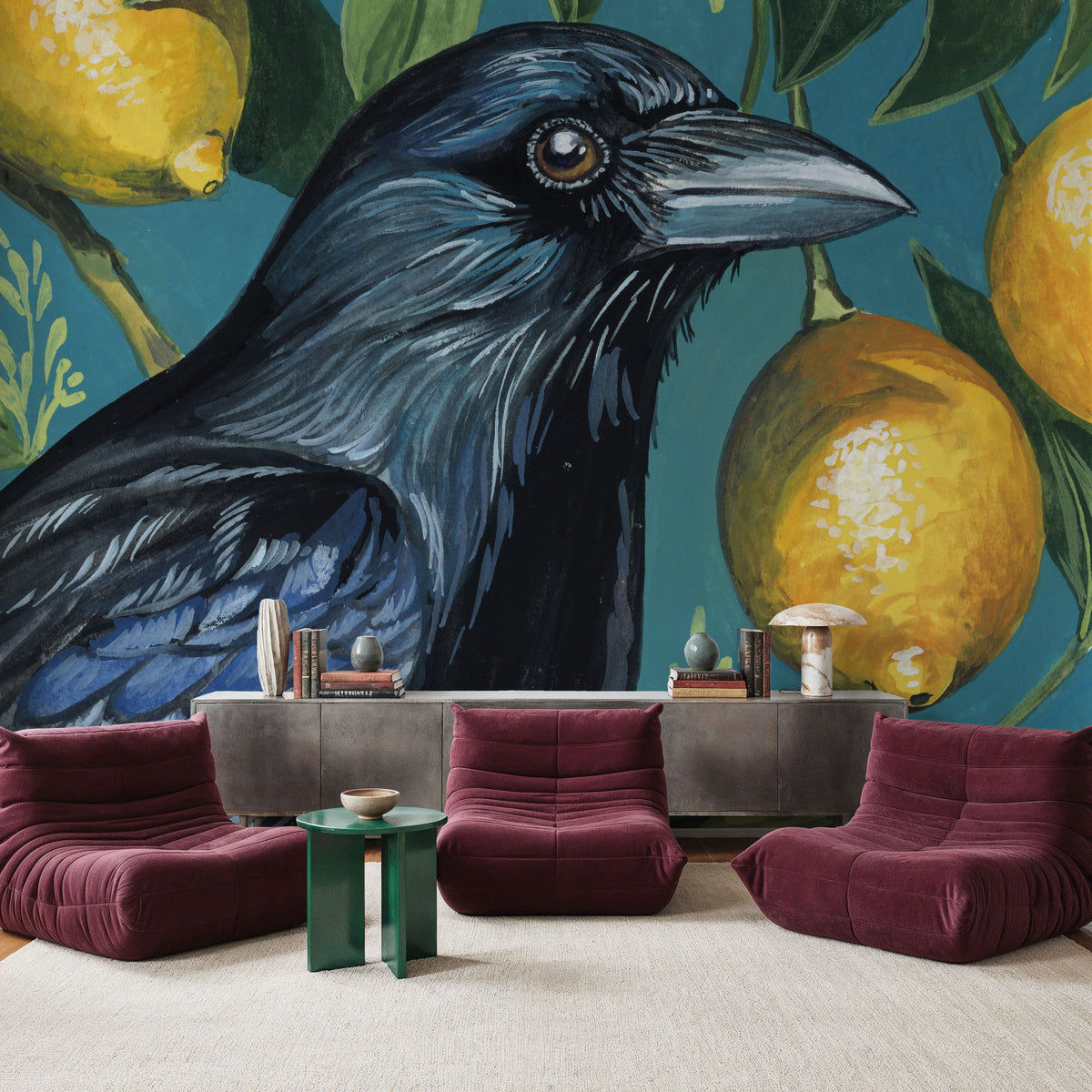 Crow with Lemon Backdrop Mural Wallpaper - room preview 04