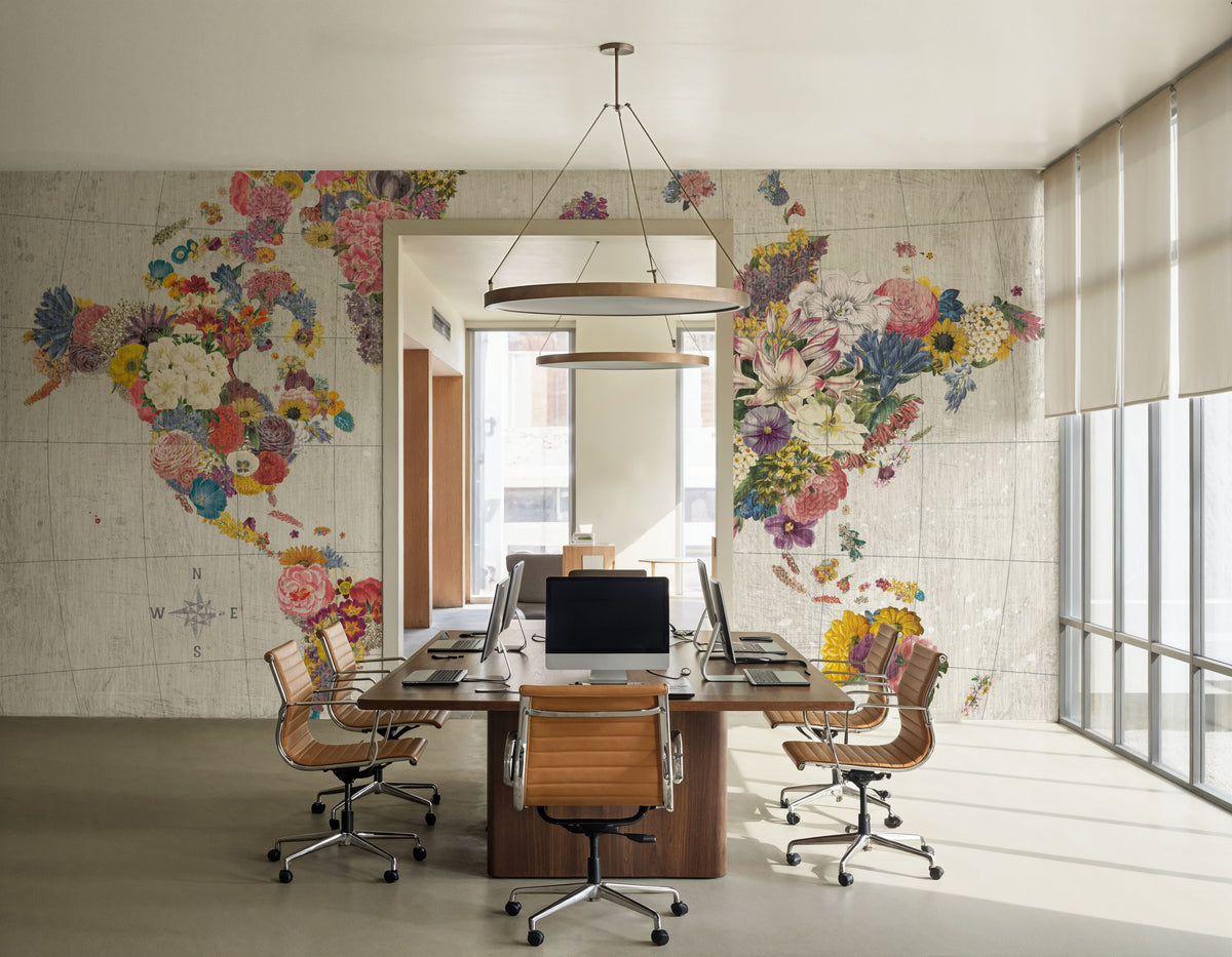 Botanical Floral Map Gray No Words Mural Wallpaper - room preview 04