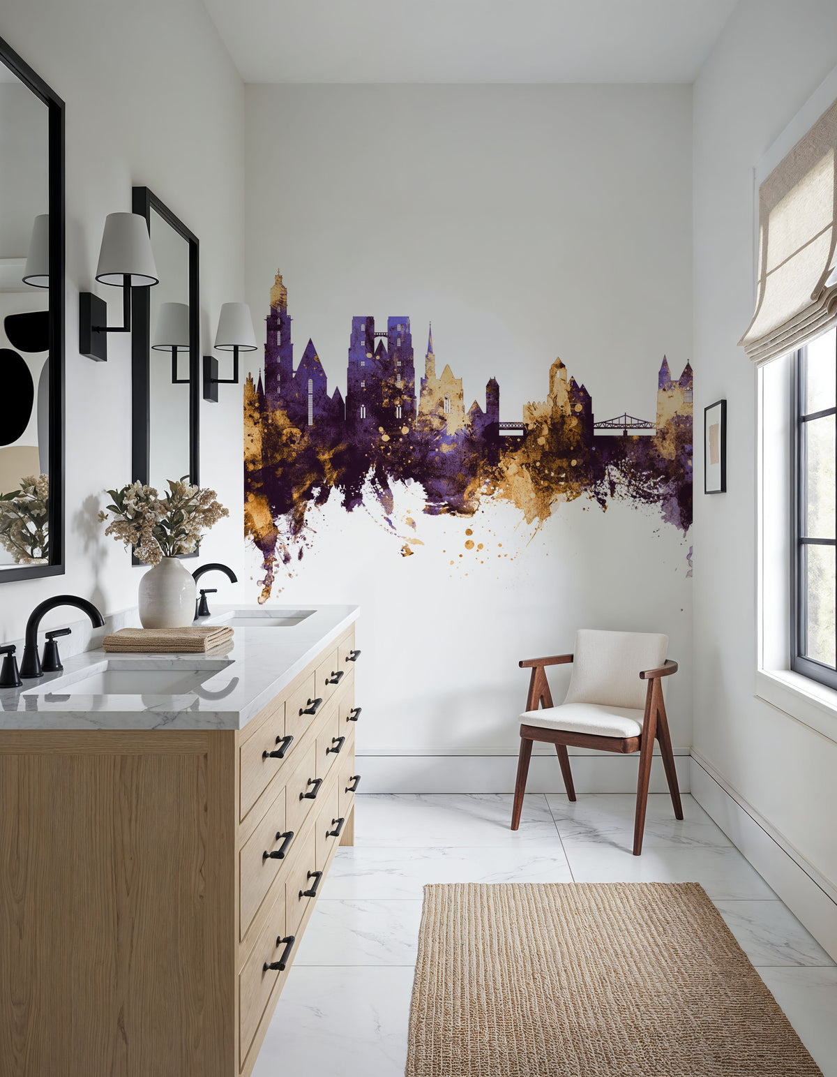 Wroclaw Poland Skyline Purple & Gold Mural Wallpaper - room preview 04