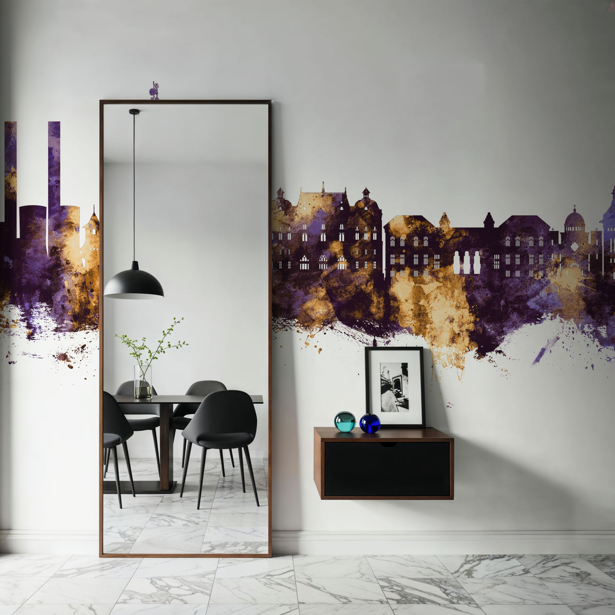 Galaţi Romania Skyline Purple & Gold Mural Wallpaper - room preview 04