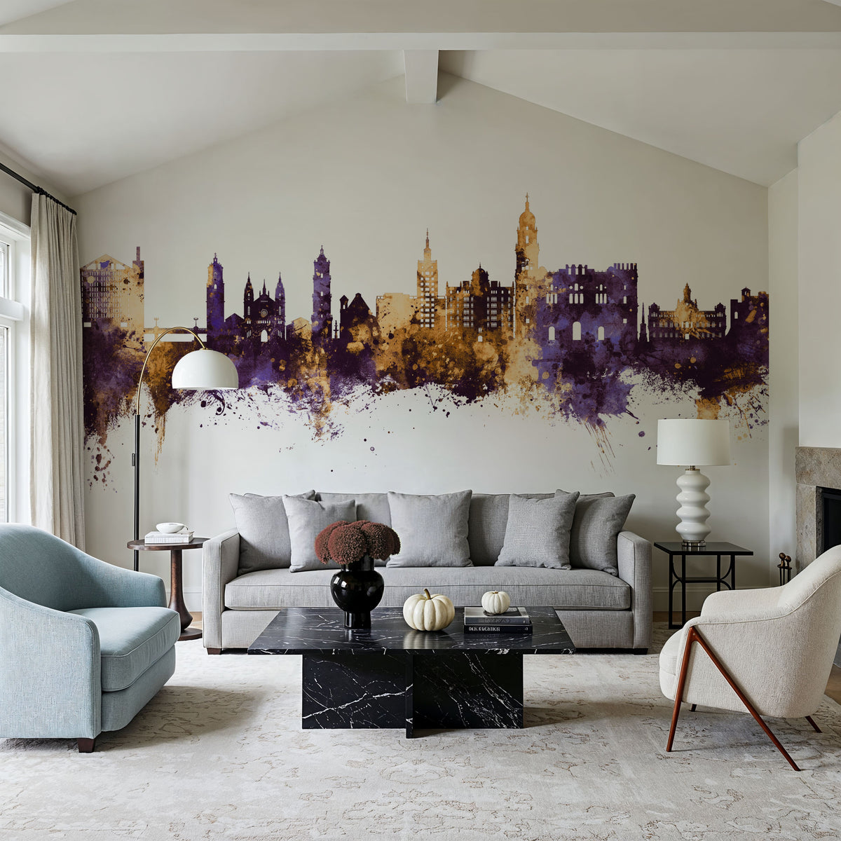 Málaga Spain Skyline Purple & Gold Mural Wallpaper - room preview 04