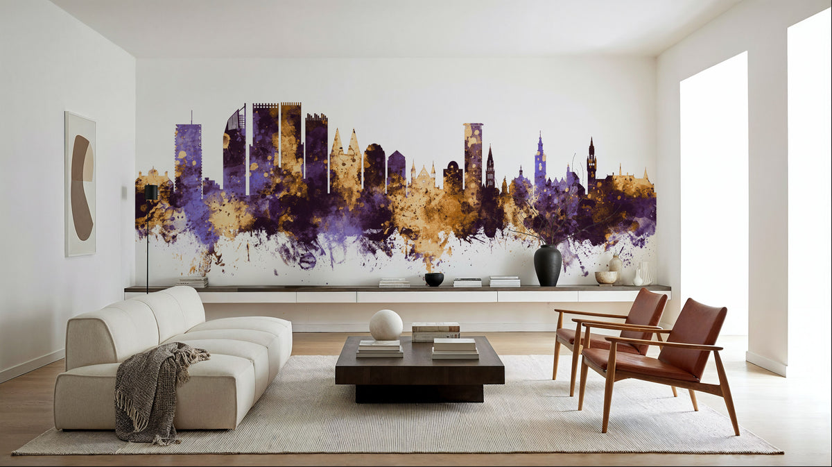 The Hauge Netherlands Skyline Purple & Gold Mural Wallpaper - room preview 04