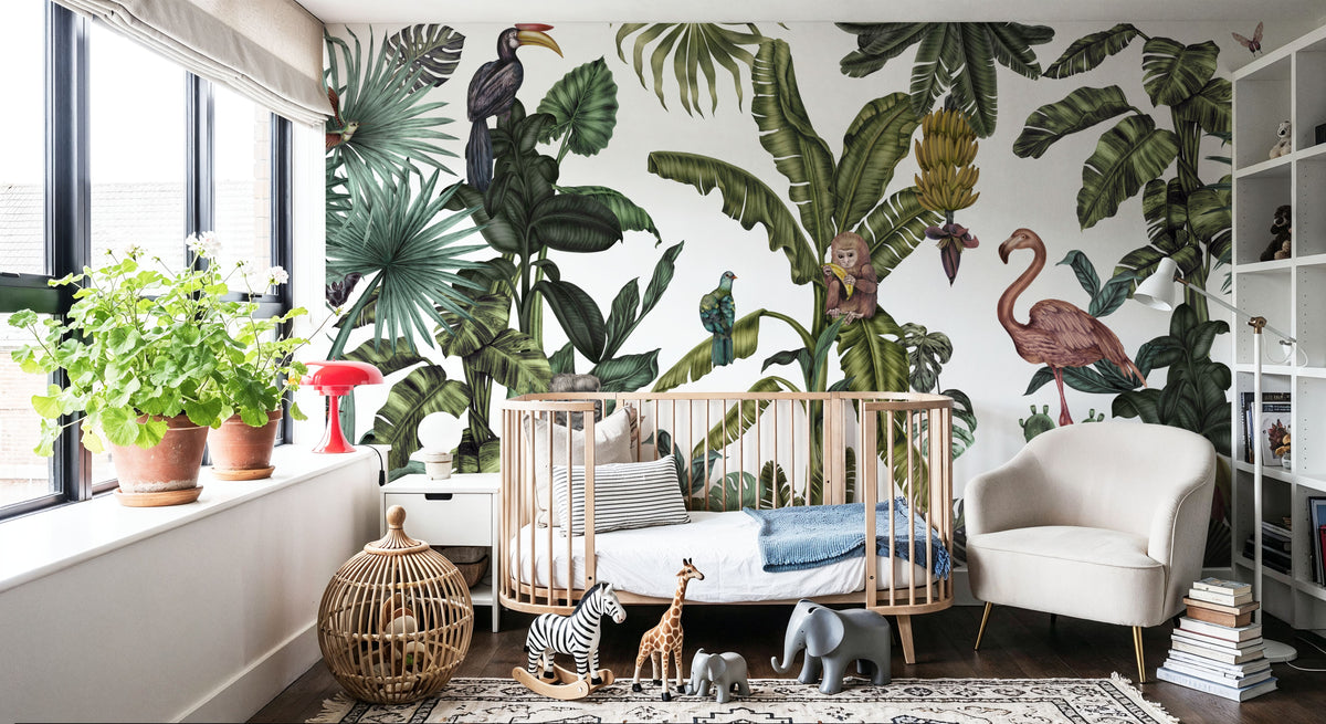 Monkeys with Birds, White Mural Wallpaper - room preview 04