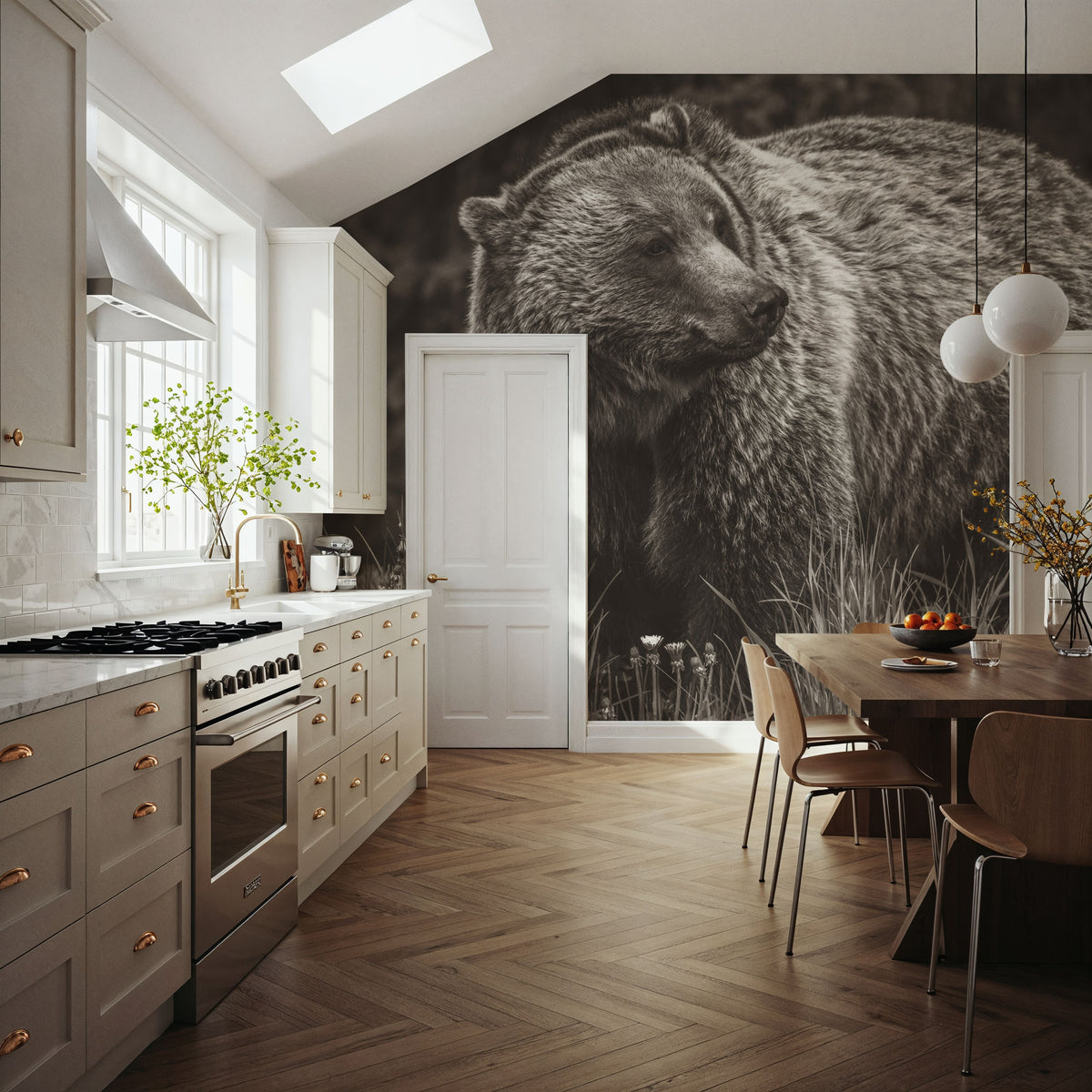 British Columbia Grizzly in a Field BW Mural Wallpaper - room preview 04