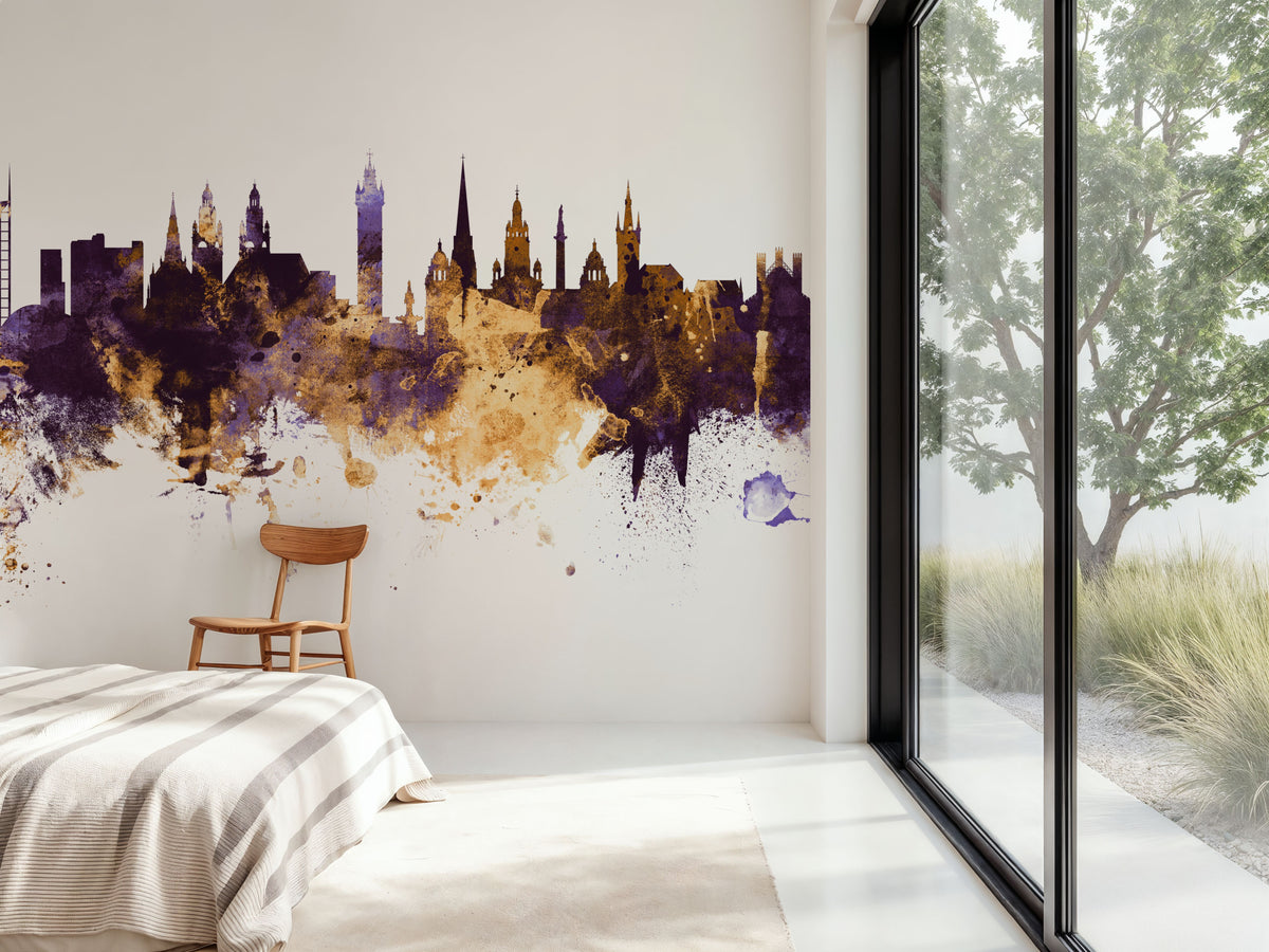 Glasgow Scotland Skyline Purple & Gold Mural Wallpaper - room preview 04