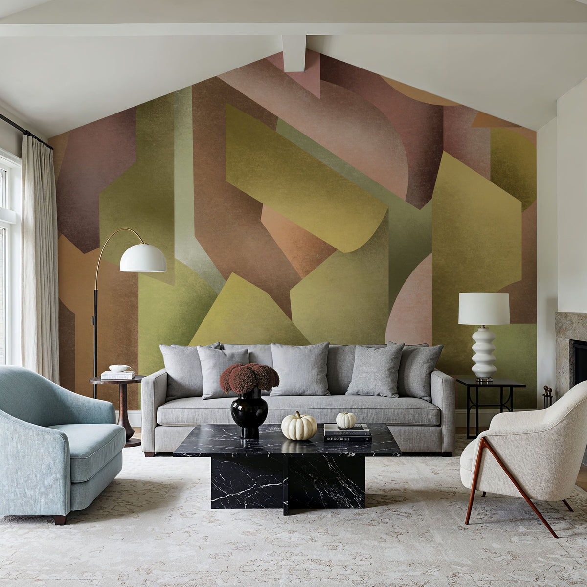 Chalky Geometrica, Spring Green & Rose Mural Wallpaper - room preview 04