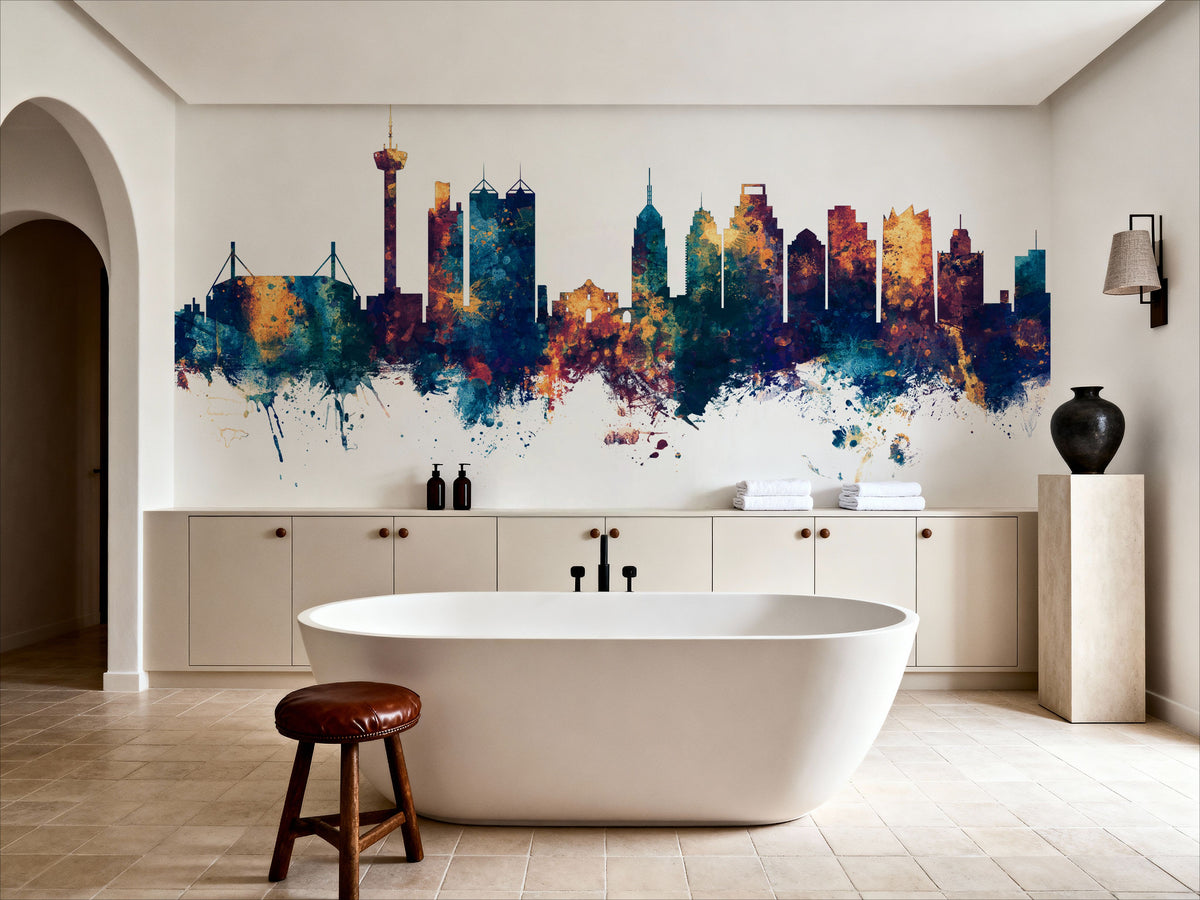 San Antonio Texas Skyline Blue & Bronze Mural Wallpaper - room preview 04