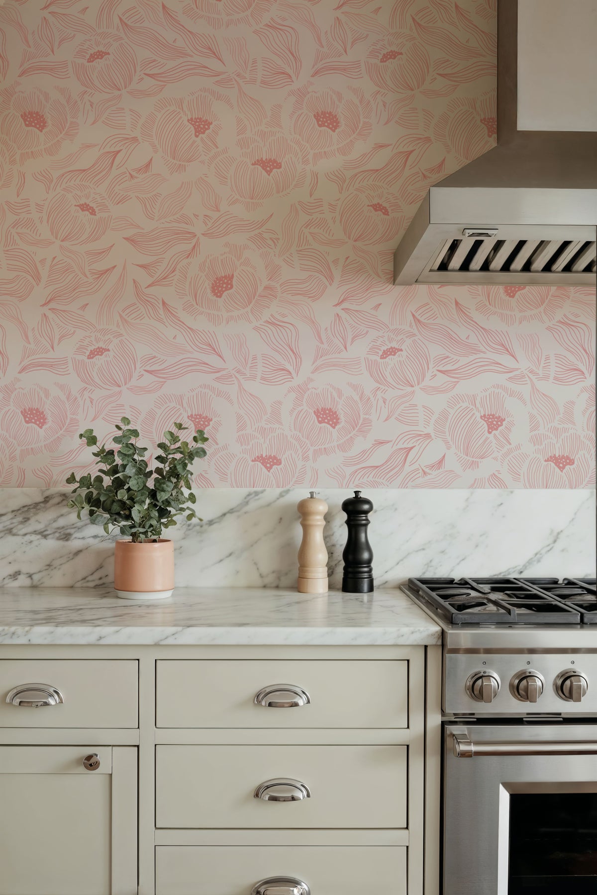 Hidden Peonies, Pink on White Mural Wallpaper - room preview 04