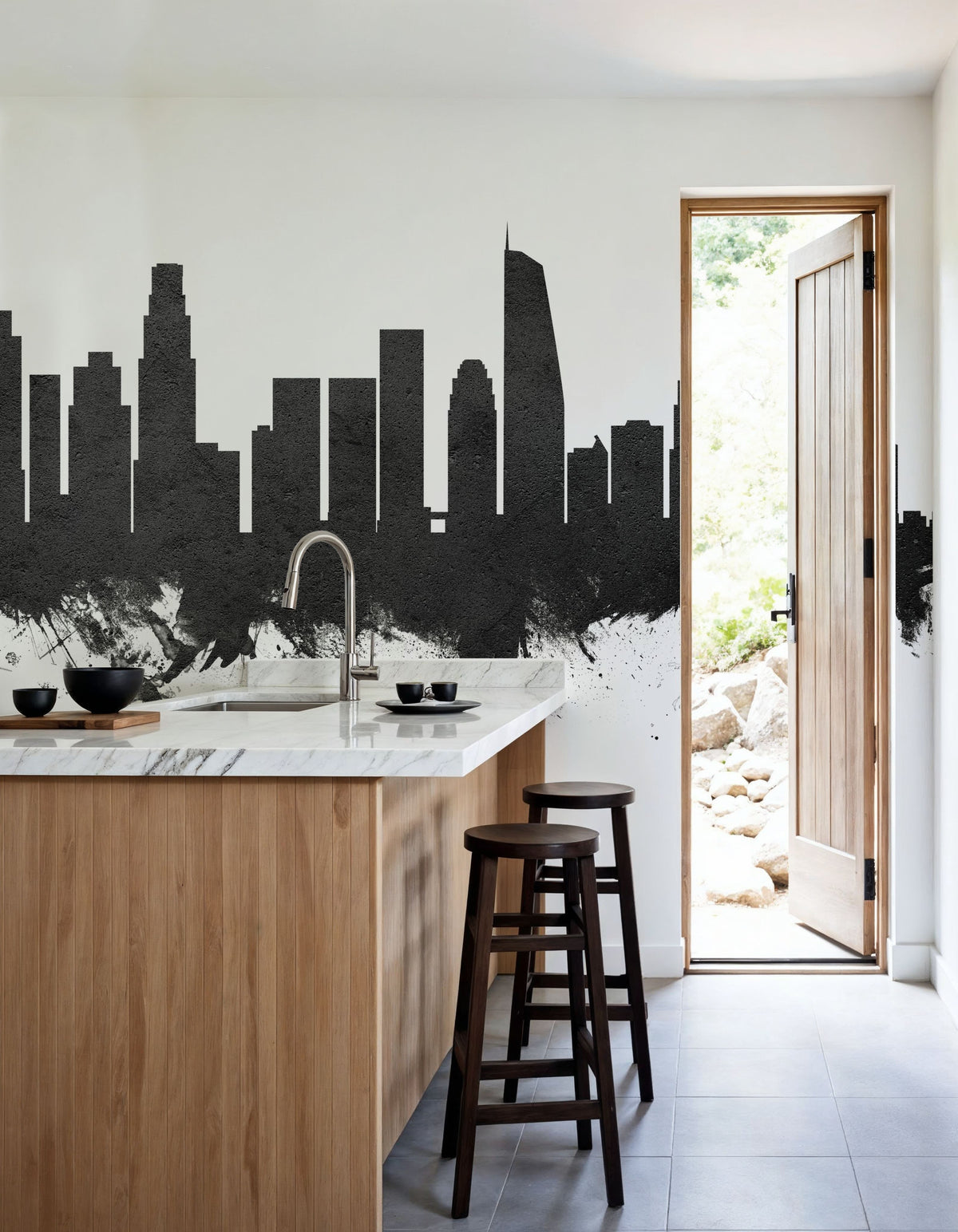 Los Angeles Skyline Black & White Mural Wallpaper - room preview 04
