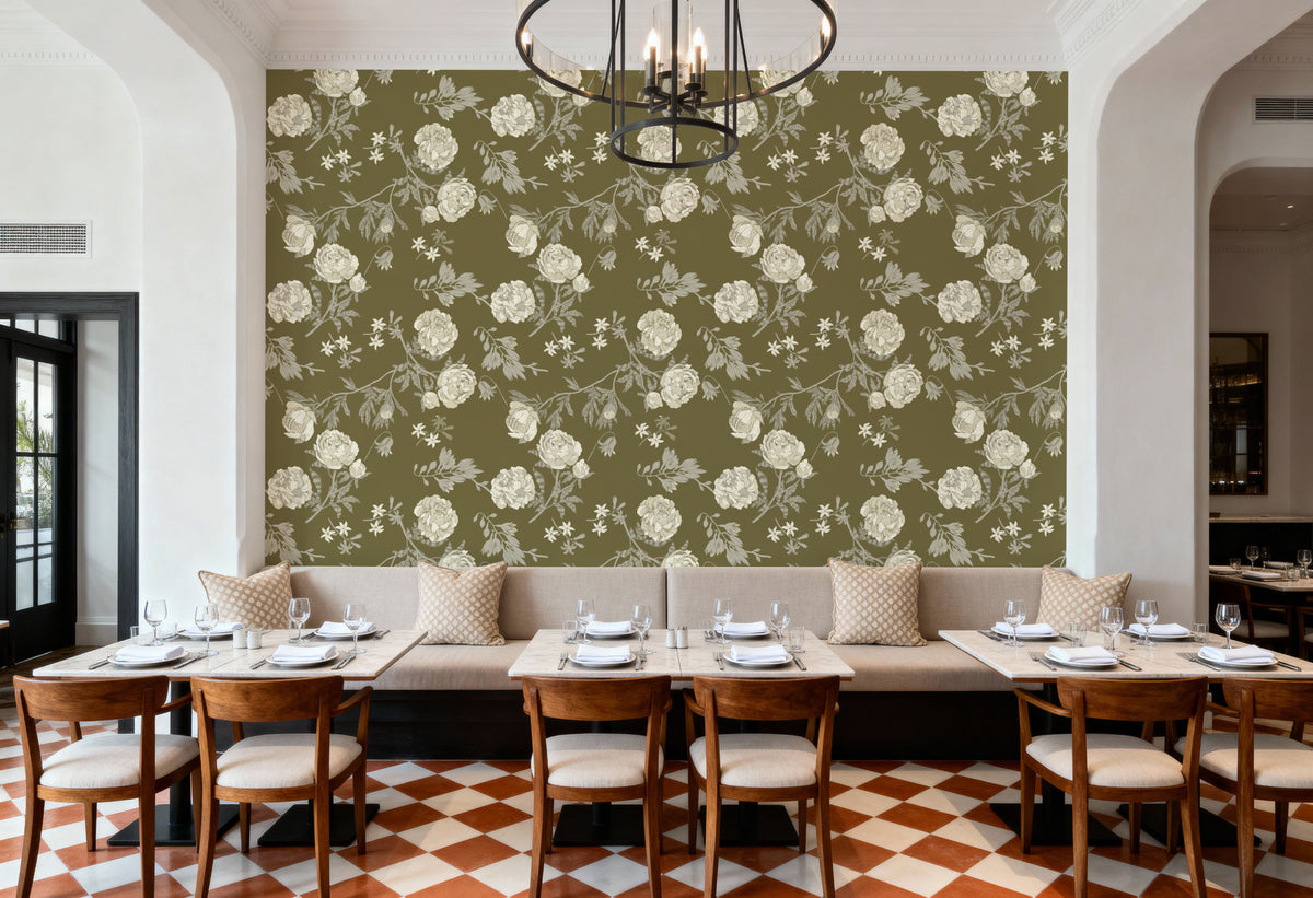Peony Passion, Khaki Mural Wallpaper - room preview 04