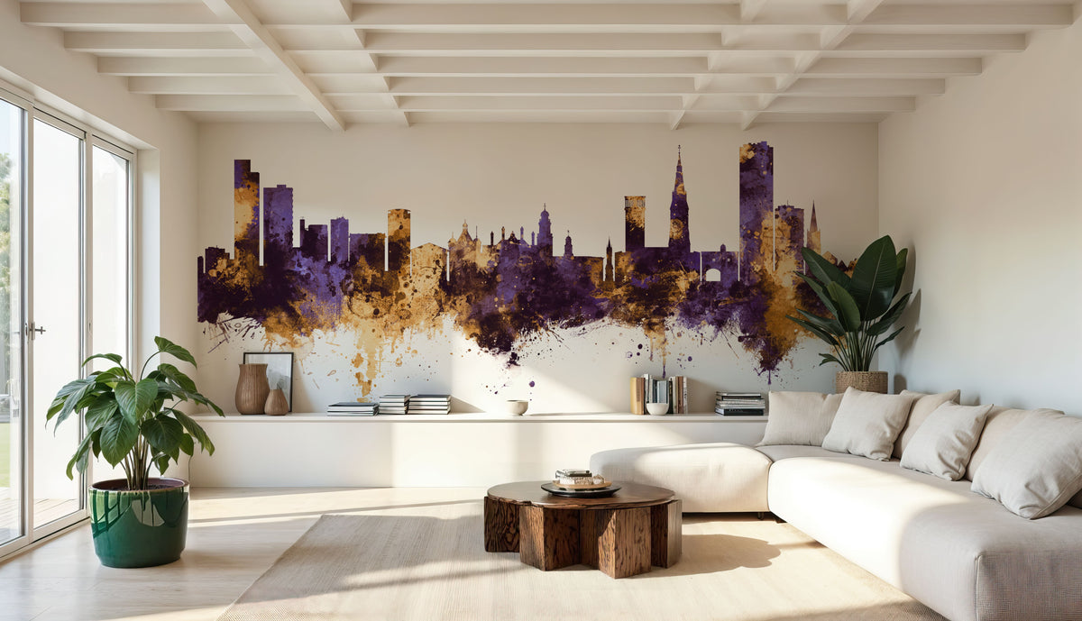 Leicester England Skyline Purple & Gold Mural Wallpaper - room preview 04