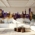 Leicester England Skyline Purple & Gold Mural Wallpaper - room preview 04