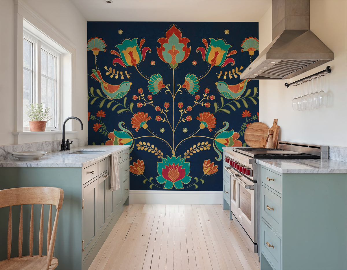 Folk Floral I Dark Mural Wallpaper - room preview 04