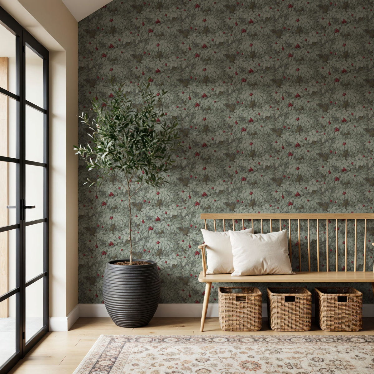 Fruit Tree Bower, Crimson on Green Mural Wallpaper - room preview 04