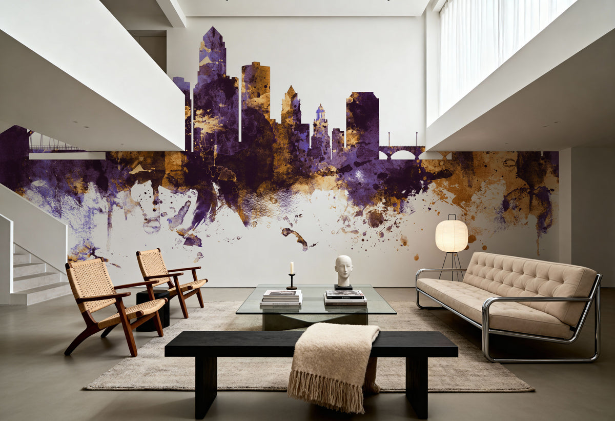Des Moines Iowa Skyline Purple & Gold Mural Wallpaper - room preview 04