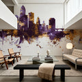 Des Moines Iowa Skyline Purple & Gold Mural Wallpaper - room preview 04