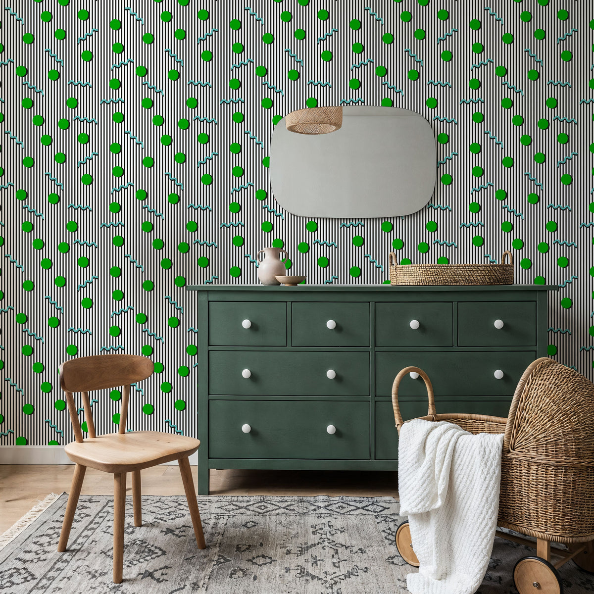 Memphis Dots & Stripes, White Mural Wallpaper - room preview 04