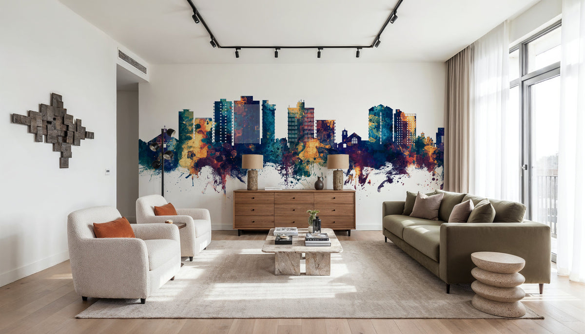 San Mateo California Skyline Blue & Bronze Mural Wallpaper - room preview 04