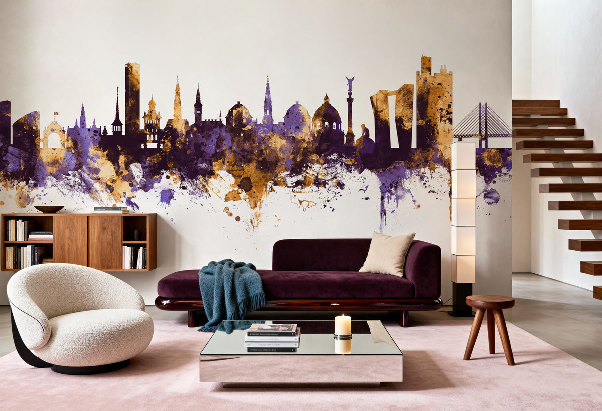 Copenhagen Skyline Purple & Gold Mural Wallpaper - room preview 04