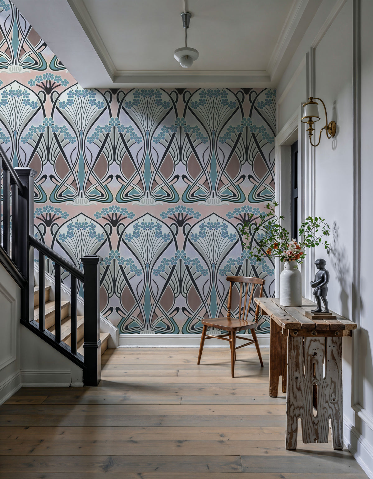 Floral Art Deco Aura, Light Teal Mural Wallpaper - room preview 04