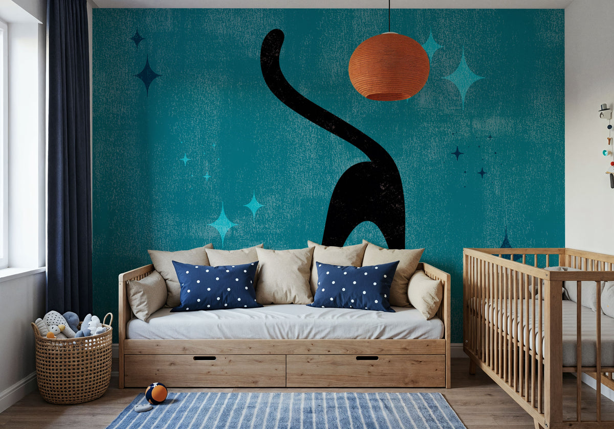 Retro Cat, Blue Mural Wallpaper - room preview 04